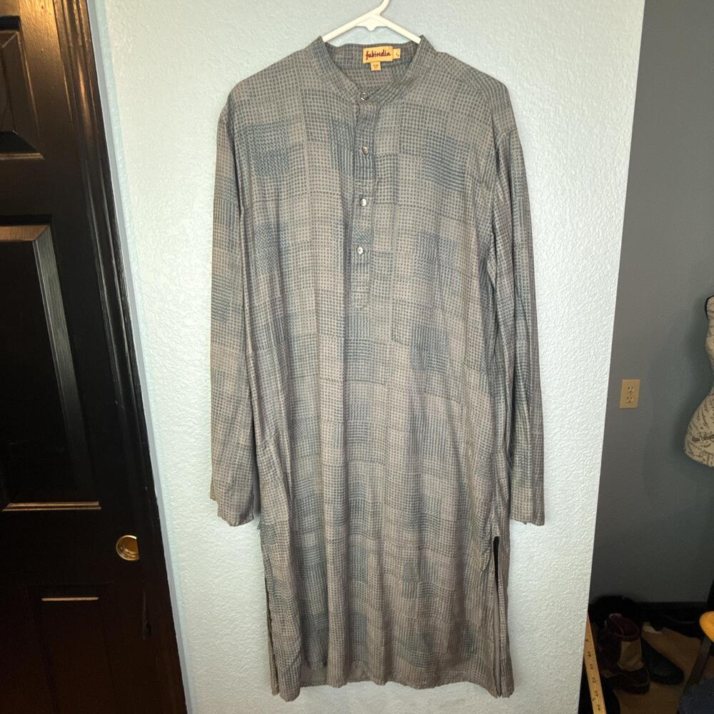 Fabindia Shirt Mens Large Gray Geometric Long Kurta Tunic Viscose Silk India